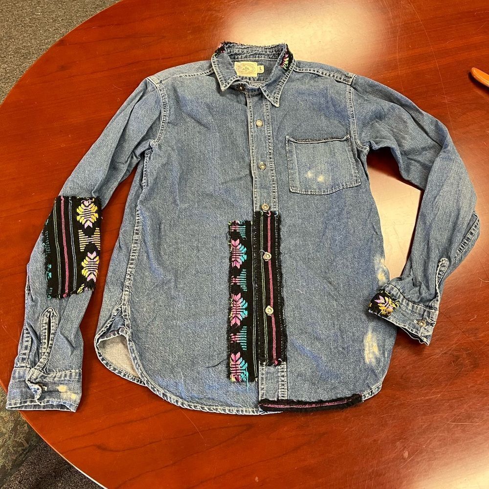 ADL Handmade Distressed & Adorned Denim Button Down Shirt sz L EUC
